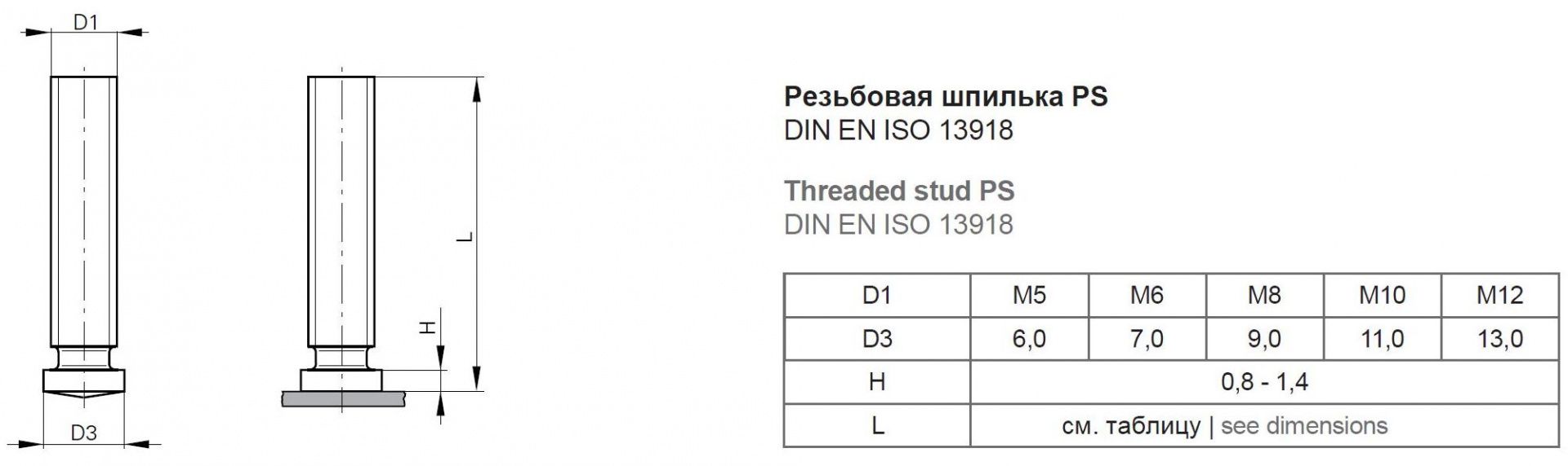 Резьбовая приварная шпилька типа PS Нержавеющая